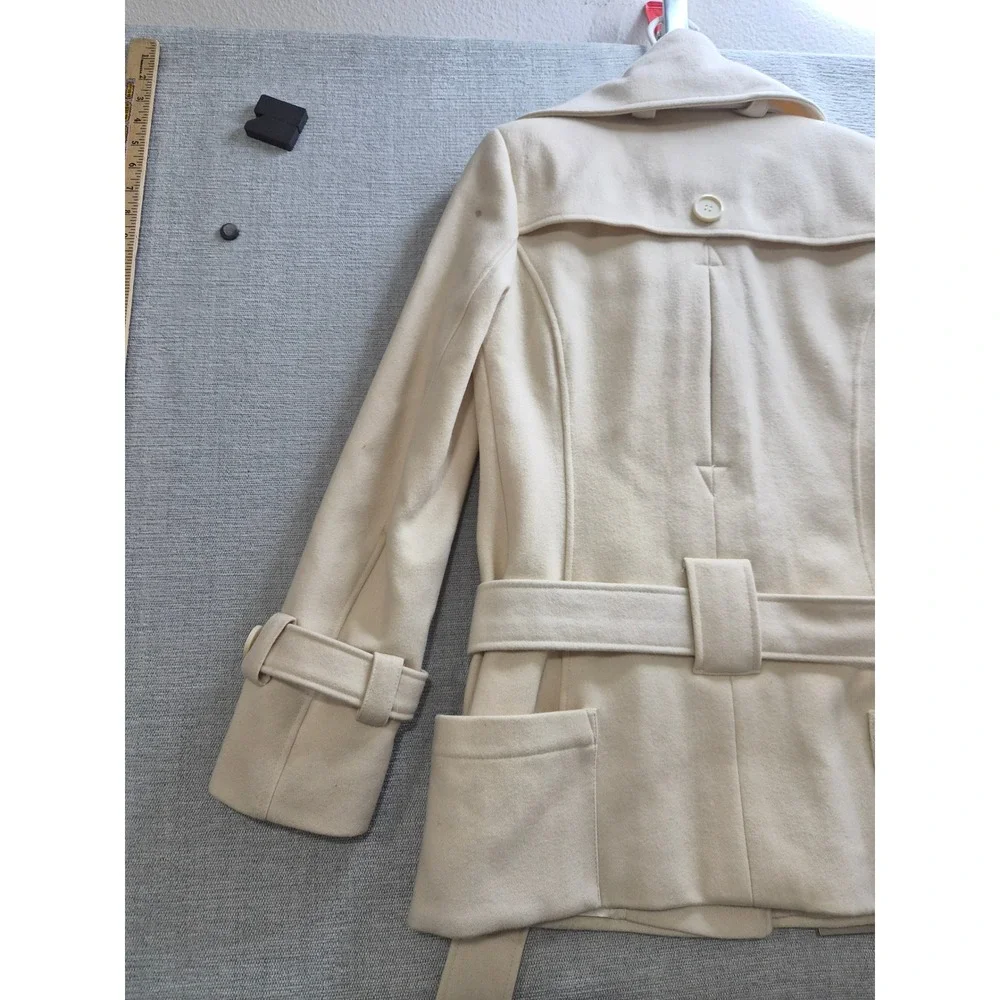 Moda International Belted Pea Coat Women Small Beige Wool Double Breasted Winter